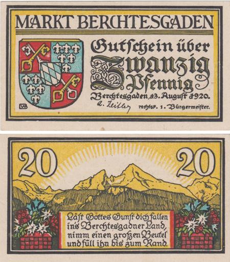 Бона. Германия. Берхтесгаден 20 пфеннигов 1920 год. Нотгельд. (XF) 