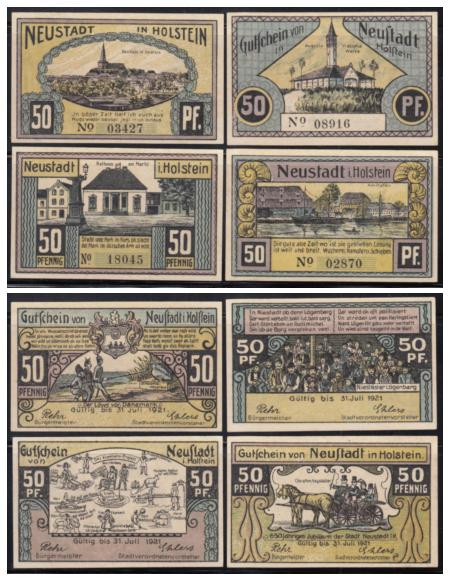 Набор банкнот. Германия. Нойштадт-ин-Хольштайн 50 пфеннигов 1921 год. Нотгельды, 4 штуки. (XF) 