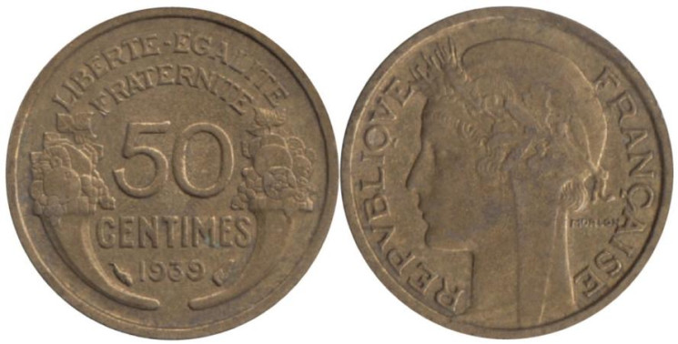  Франция. 50 сантимов 1939 год. Марианна. 