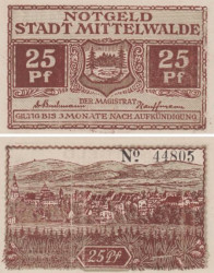 Бона. Германия (Польша). Миттельвальде (Мендзылесе) 25 пфеннигов без года. Нотгельд. (XF)
