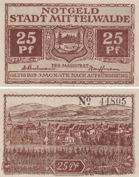  Бона. Германия (Польша). Миттельвальде (Мендзылесе) 25 пфеннигов без года. Нотгельд. (XF) 