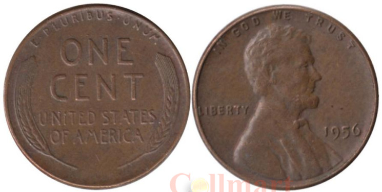 США. 1 цент 1956 год. Авраам Линкольн (пшеничный цент). (без отметки монетного двора) 