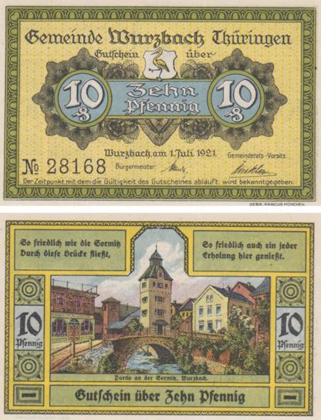  Бона. Германия. Вурцбах 10 пфеннигов 1921 год. Нотгельд. (XF) 