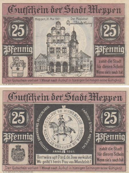  Бона. Германия. Меппен 25 пфеннигов 1921 год. Нотгельд. (XF) 