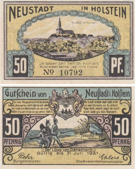  Бона. Германия. Нойштадт-ин-Хольштайн 50 пфеннигов 1921 год (вариант 2). Нотгельд. (XF) 