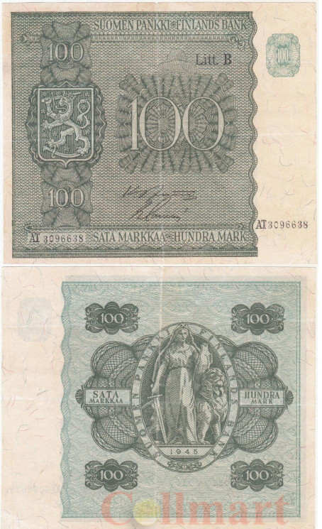  Бона. Финляндия 100 марок 1945 год. Женщина со львом. (Litt. B) (F) 