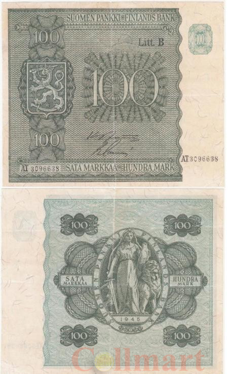  Бона. Финляндия 100 марок 1945 год. Женщина со львом. (Litt. B) (F) 