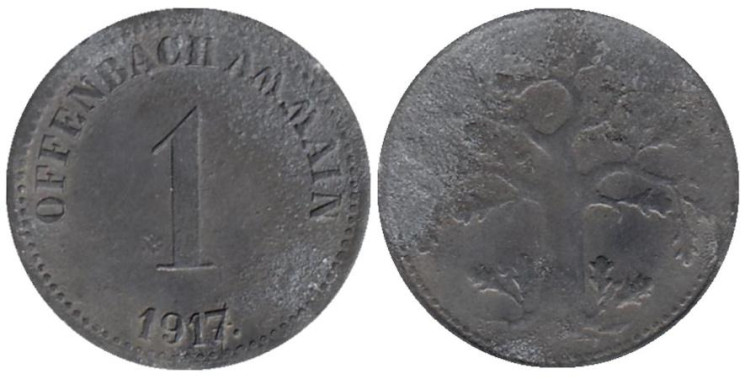  Германия. Оффенбах. 1 пфенниг 1917 год. Дуб. Нотгельд. 