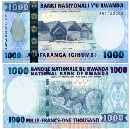  Бона. Руанда 1000 франков 2004 год. Золотая обезьяна. (Пресс) 