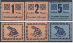 Набор банкнот. Германия. Ноймюлен-Дитрихсдорф 1, 2, 5 пфеннигов. Нотгельды, 3 штуки. (VF)