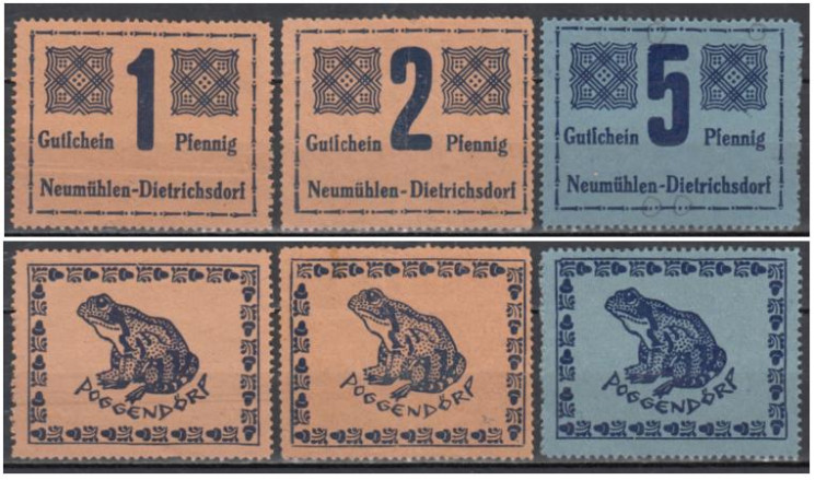  Набор банкнот. Германия. Ноймюлен-Дитрихсдорф 1, 2, 5 пфеннигов. Нотгельды, 3 штуки. (VF) 