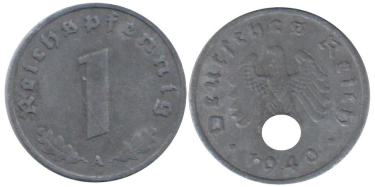  Германия - Третий рейх. 1 рейхспфенниг 1940 год. Цинк. (A) 
