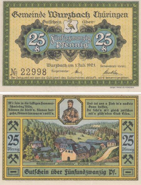  Бона. Германия. Вурцбах 25 пфеннигов 1921 год. Нотгельд. (XF) 