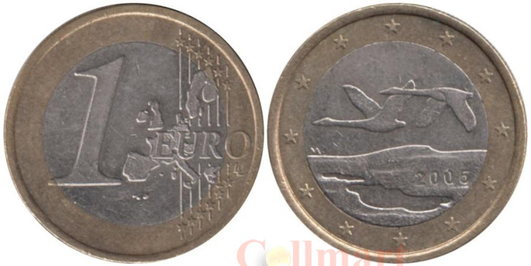  Финляндия. 1 евро 2005 год. Два лебедя. 