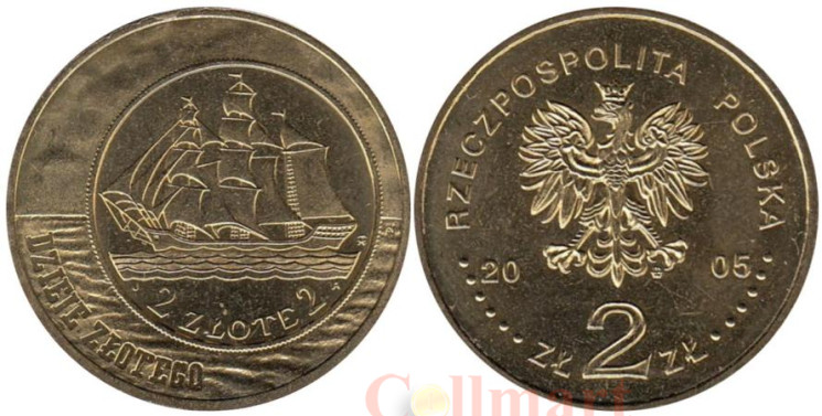  Польша. 2 злотых 2005 год. Парусное судно на 2 и 5 злотых 1936 года. 