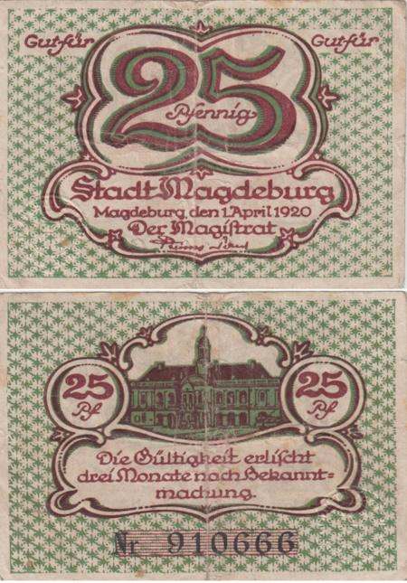  Бона. Германия. Магдебург 25 пфеннигов 1920 год. Нотгельд. (F+) 