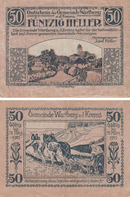  Бона. Австрия. Вартберг-ан-дер-Кремс 50 геллеров 1921 год. Нотгельд. (F) 