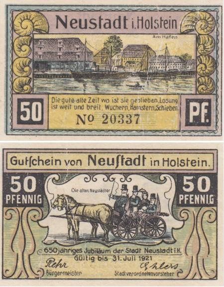  Бона. Германия. Нойштадт-ин-Хольштайн 50 пфеннигов 1921 год (вариант 4). Нотгельд. (XF) 