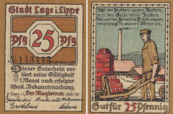 Бона. Германия. Лаге (Липпе) 25 пфеннигов 1921 год. Нотгельд. (XF)