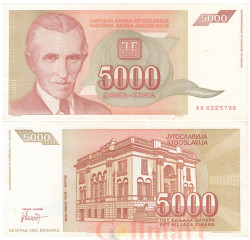 Бона. Югославия 5000 динаров 1993 год. Николас Тесла. (VF)
