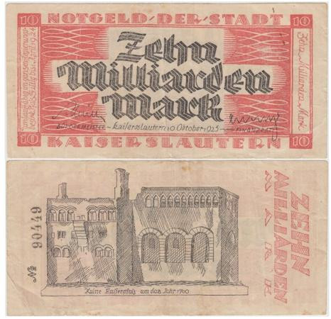  Бона. Германия. Кайзерслаутерн 10 миллиардов (10.000.000.000) марок 1923 год. Нотгельд. (VF) 