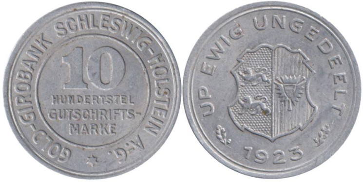  Германия. Шлезвиг-Гольштейн. 10/100 марок 1923 год. Нотгельд. 
