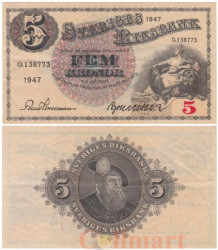 Бона. Швеция 5 крон 1947 год. Мать Свея. (VF)