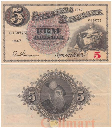  Бона. Швеция 5 крон 1947 год. Мать Свея. (VF) 