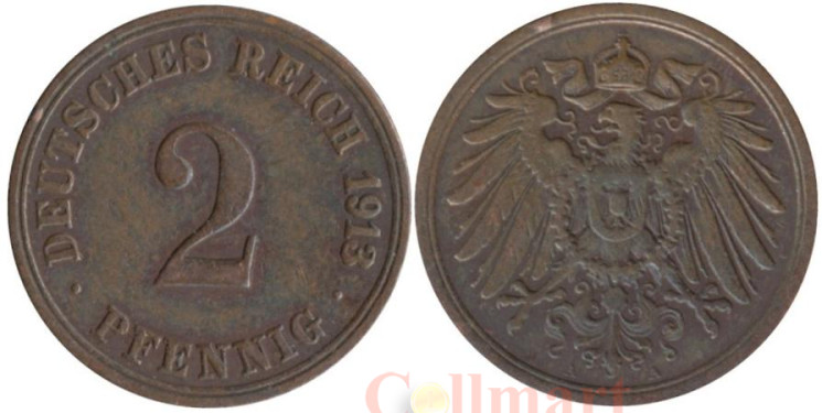  Германская империя. 2 пфеннига 1913 год. (A) 