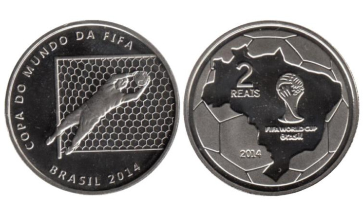  Бразилия. 2 реала 2014 год. Чемпионат мира по футболу 2014 - Вратарь ловит мяч. 