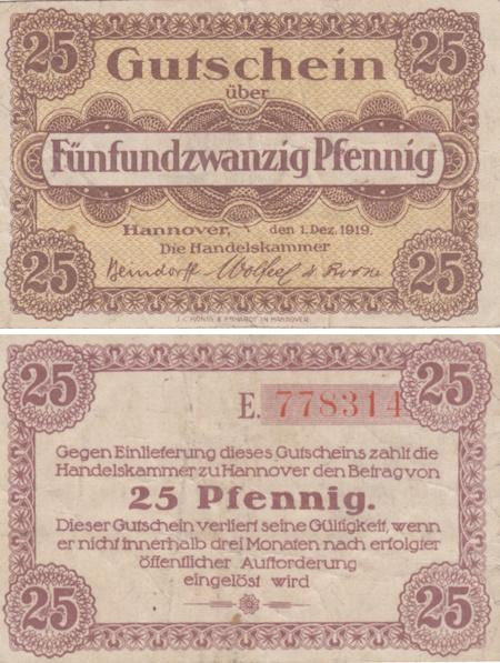  Бона. Германия. Ганновер 25 пфеннигов 1919 год. Нотгельд. (VF) 