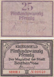 Бона. Германия (Польша). Бойтен (Бытом) 25 пфеннигов 1920 год. Нотгельд. (F)