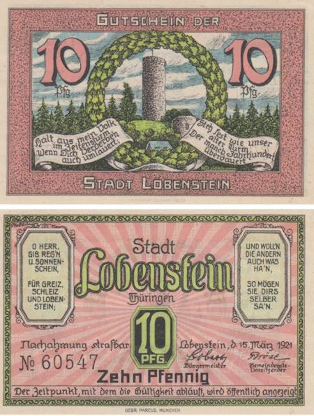  Бона. Германия. Бад-Лобенштайн 10 пфеннигов 1921 год. Нотгельд. (XF) 