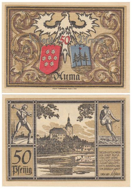  Бона. Германия. Аума 50 пфеннигов 1921 год. Вид города Аума у водоема. Нотгельд. (XF) 