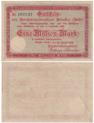 Бона. Германия 1.000.000 марок 1923 год. Мюнстер, Дирекция железной дороги. (нотгельд) P-S1323A (VF)