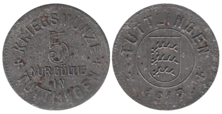  Германия. Туттлинген. 5 пфеннигов 1917 год. Нотгельд. 