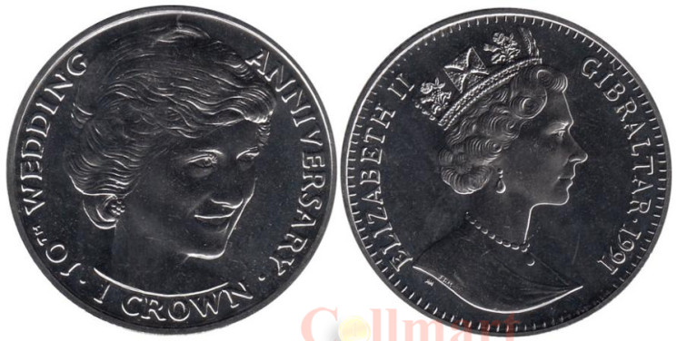  Гибралтар. 1 крона 1991 год. 10 лет свадьбе Принца Чарльза и Леди Дианы. 
