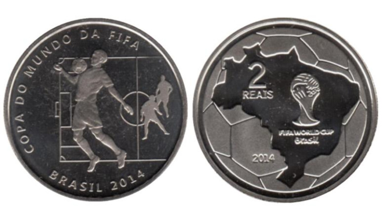  Бразилия. 2 реала 2014 год. Чемпионат мира по футболу 2014 - Приём мяча на грудь. 