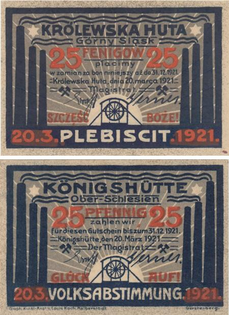  Бона. Германия (Польша). Кёнигсхютте (Хожув) 25 пфеннигов 1921 год. Нотгельд. (XF) 