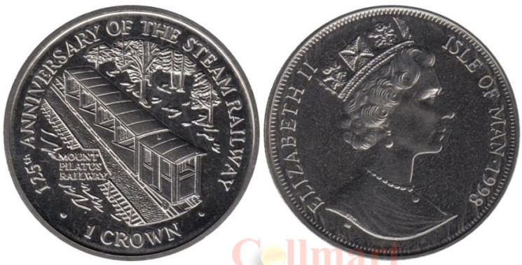  Остров Мэн. 1 крона 1998 год. 125 лет паровой железной дороге - горная железная дорога Пилатус. 