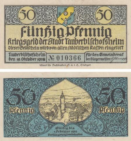  Бона. Германия. Таубербишофсхайм 50 пфеннигов 1919 год. Нотгельд. (VF) 