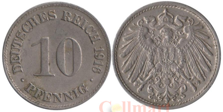  Германская империя. 10 пфеннигов 1916 год. (медно-никелевый сплав) (D) 