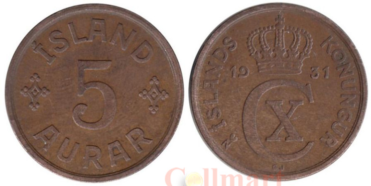  Исландия. 5 эйре 1931 год. 