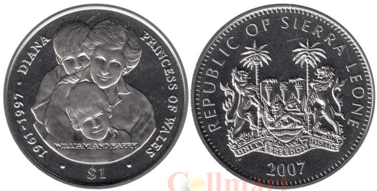  Сьерра-Леоне. 1 доллар 2007 год. 10 лет со дня смерти Принцессы Дианы. 