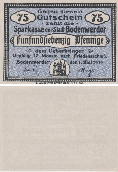  Бона. Германия. Боденвердер 75 пфеннигов 1919 год. Нотгельд. (XF) 
