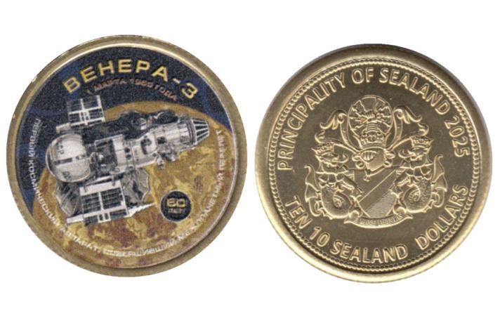  Памятный жетон. Силенд. 10 долларов 2025 год. История Российской космонавтики - Венера 3. (цветное покрытие) 