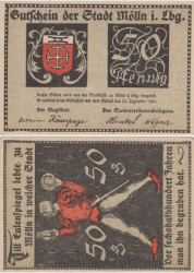 Бона. Германия. Мёльн 50 пфеннигов 1921 год. Герб. Нотгельд. (XF)