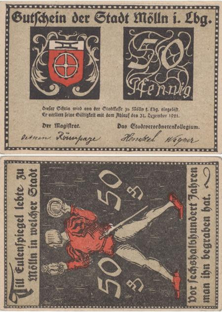  Бона. Германия. Мёльн 50 пфеннигов 1921 год. Герб. Нотгельд. (XF) 