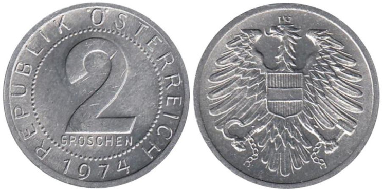  Австрия. 2 гроша 1974 год. 