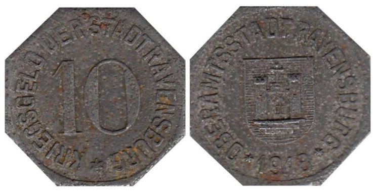  Германия. Равенсбург. 10 пфеннигов 1918 год. Нотгельд. 